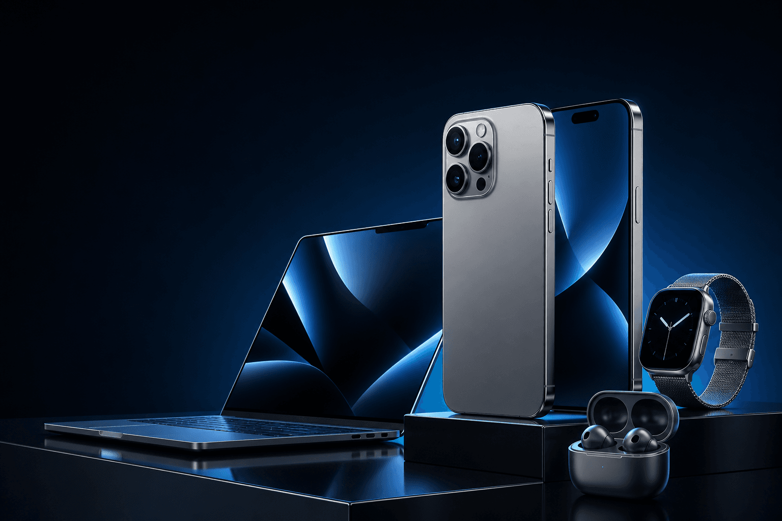Premium smartphones, laptop, smartwatch and wireless earbuds